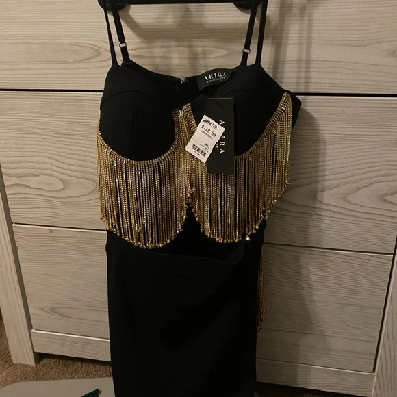 akira black and gold dress SHIMMER IN GOLD MIDI DRESS – AKIRA main image 0